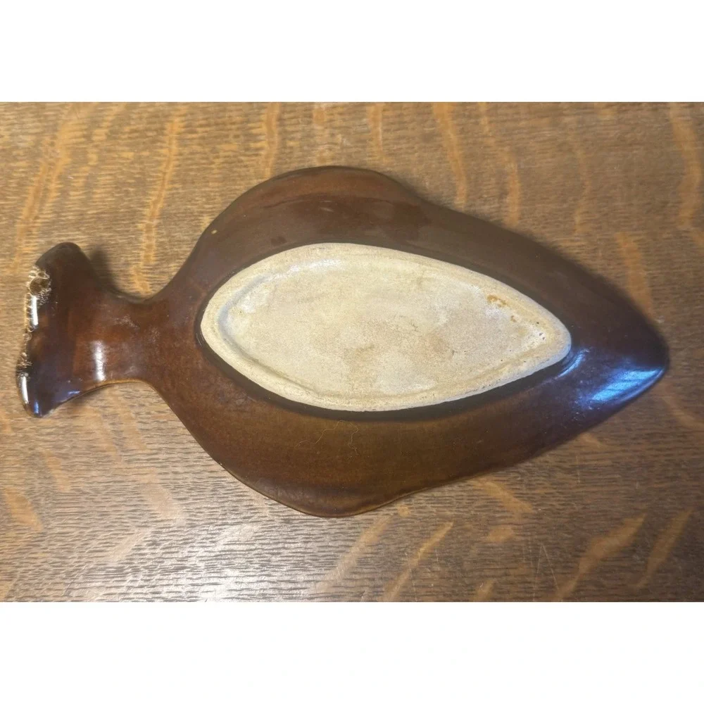 Vintage Ceramic Fish Shaped Serving Dish Brown Cream Glaze 9